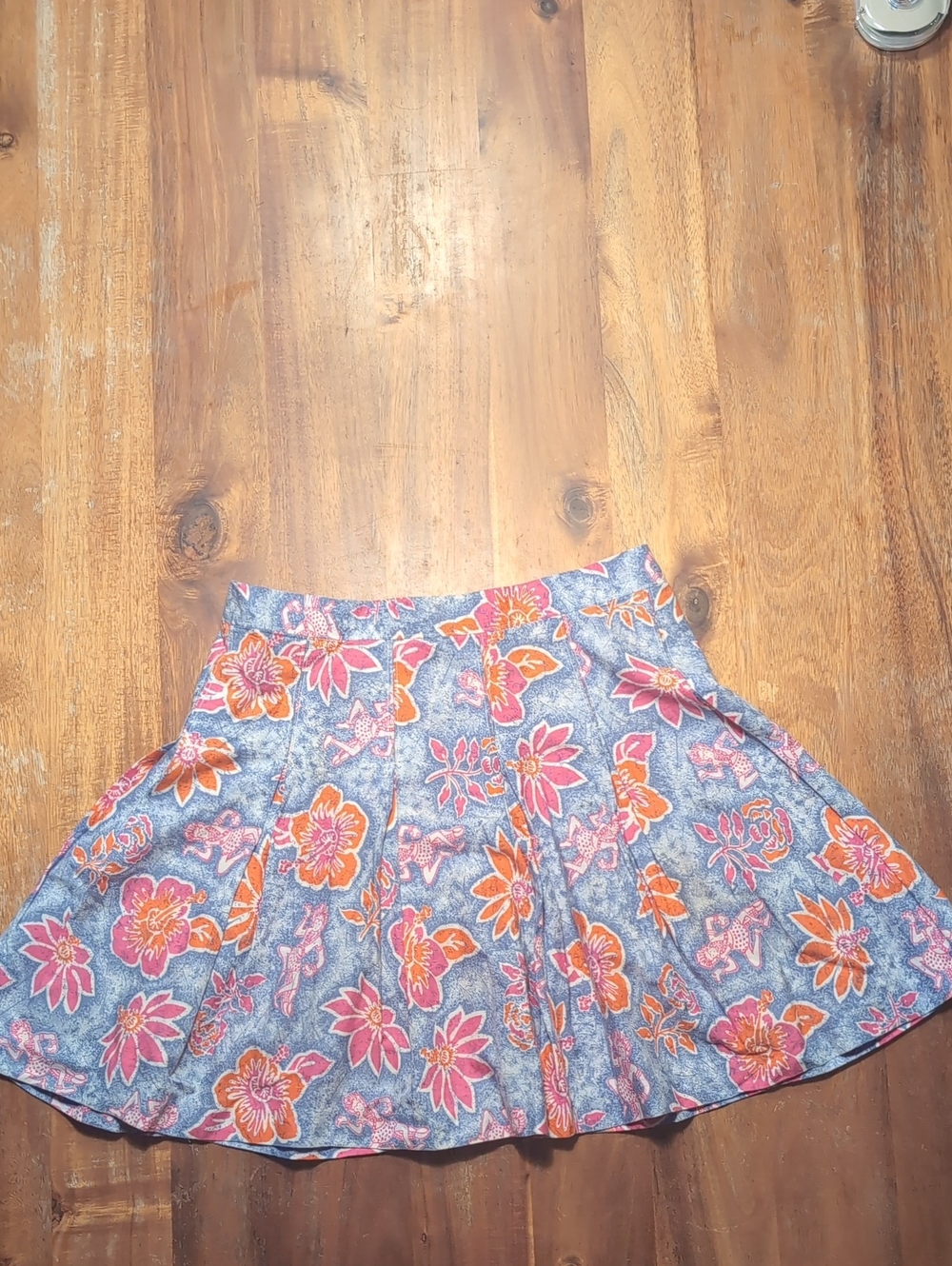 Floral Pleated Mini Tennis Skirt in Blue with Pink & Orange Bloom
